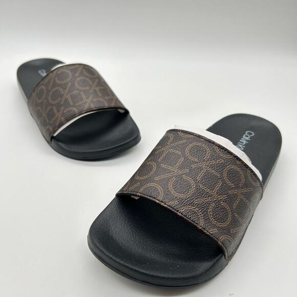Calvin Klein Slides Womens 5‎ Brown Logo Print Athens Slip On Comfort NEW - Picture 3 of 12